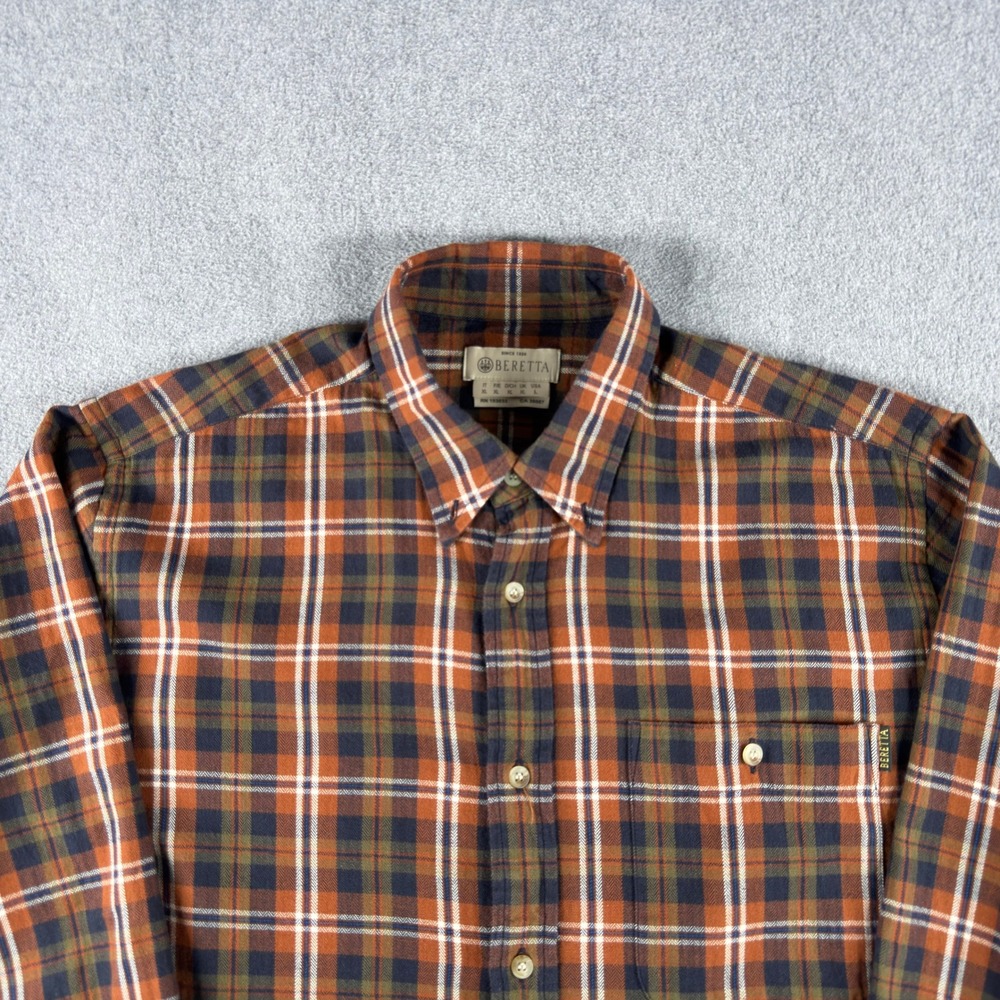 Beretta Mens L Shirt Brown Plaid Flannel Button Down Long Sleeve Cotton
